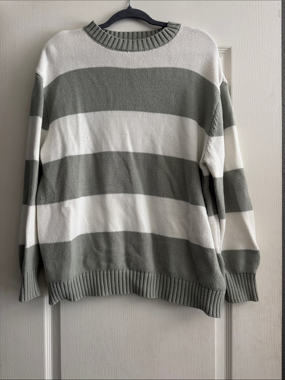Striped Crewneck Sweater - Sage and White